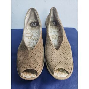Fly London "Yury Perf" Taupe Beige Perferated Leather 3" Wedge Sandals size 10